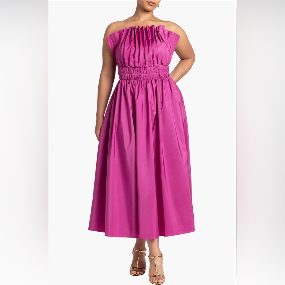 Eloquii pleated ruffle neckline midi dress plus size 14 Color vivid viola